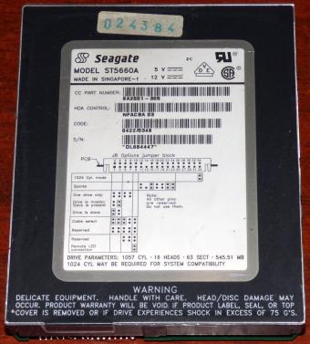 Seagate Model ST5660A 545MB HDD Fast ATA2 Singapore 1994